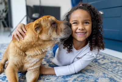 senior dog and young girl